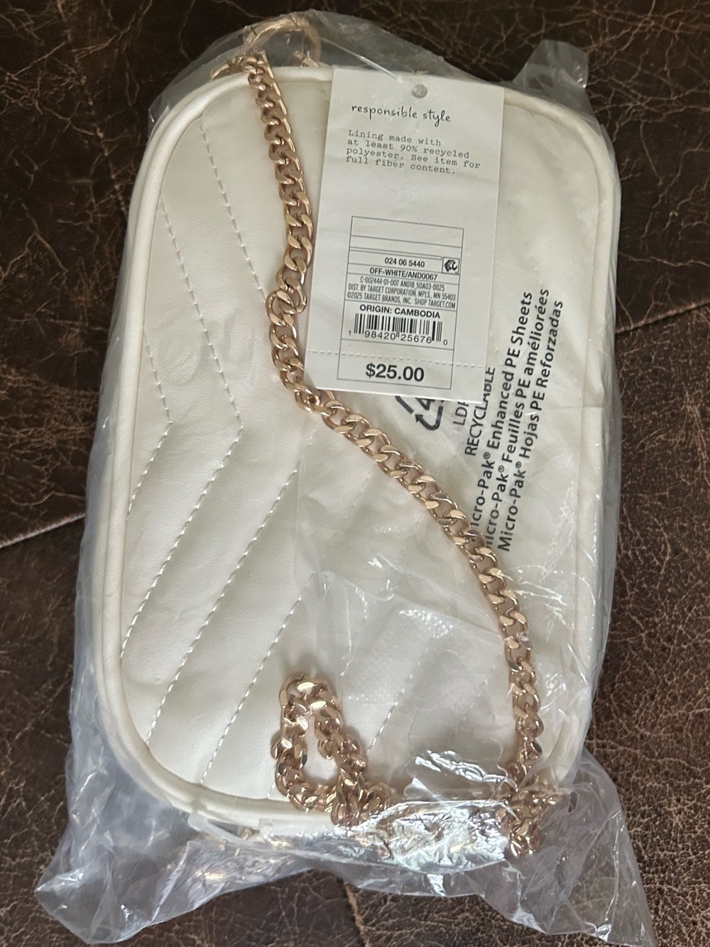 a new day Quilted Cream Crossbody Bag with Gold Tone Chain